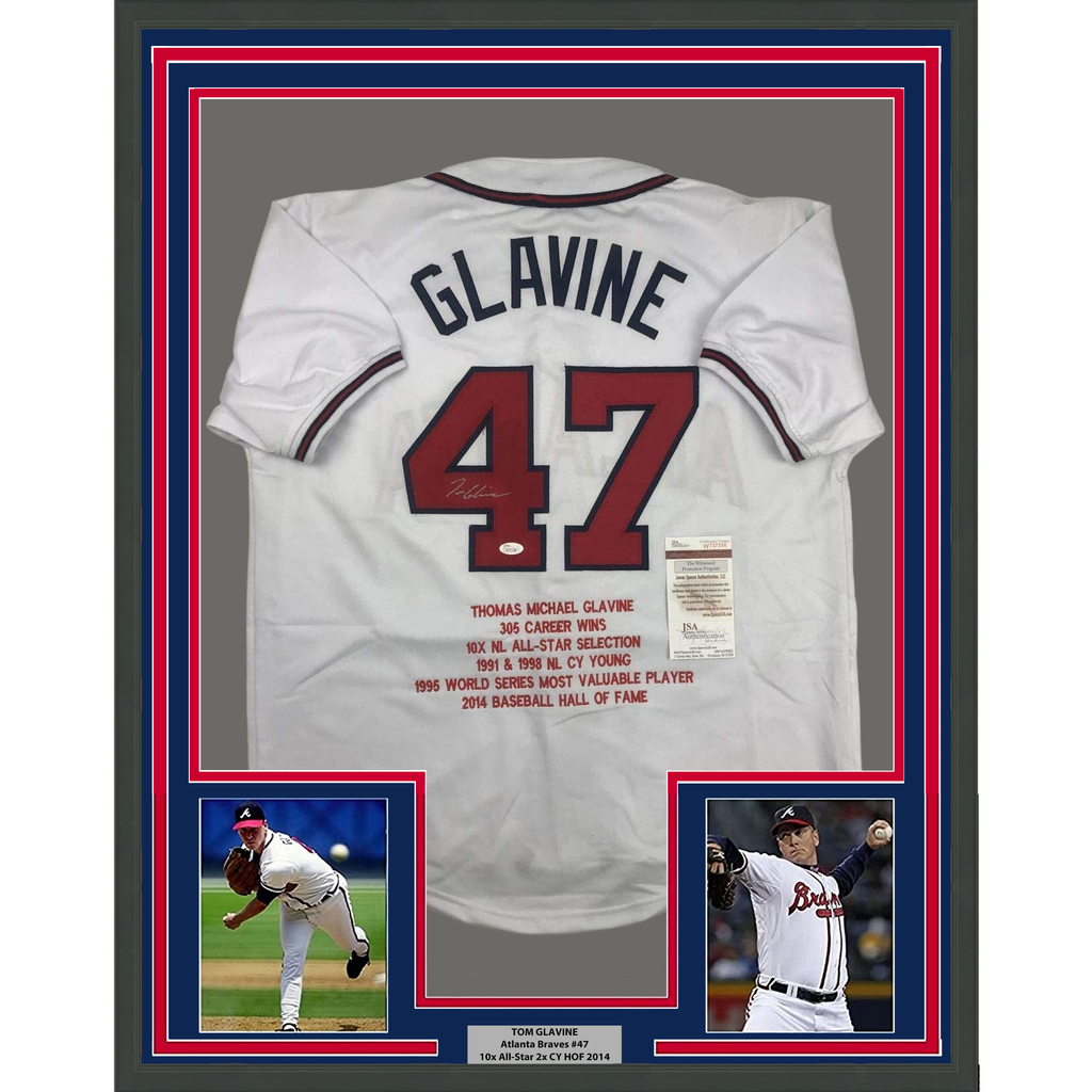 Framed Autographed/Signed Tom Glavine 35x39 Atlanta White Stat Baseball Jersey JSA COA