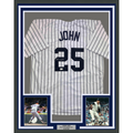 Framed Autographed/Signed Tommy John 35x39 New York Pinstripe Baseball Jersey Beckett BAS COA