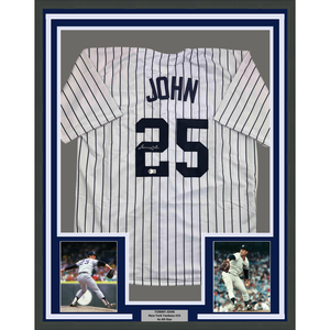 Framed Autographed/Signed Tommy John 35x39 New York Pinstripe Baseball Jersey Beckett BAS COA
