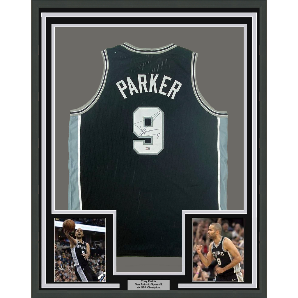 Framed Autographed/Signed Tony Parker 35x39 San Antonio Black Basketball Jersey Steiner COA
