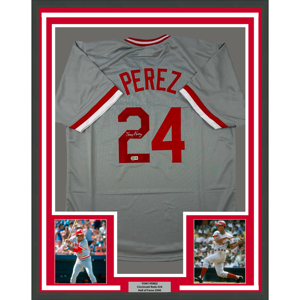 Framed Autographed/Signed Tony Perez 35x39 Cincinnati Grey Baseball Jersey Beckett BAS COA