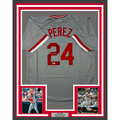 Framed Autographed/Signed Tony Perez 35x39 Cincinnati Grey Baseball Jersey Beckett BAS COA