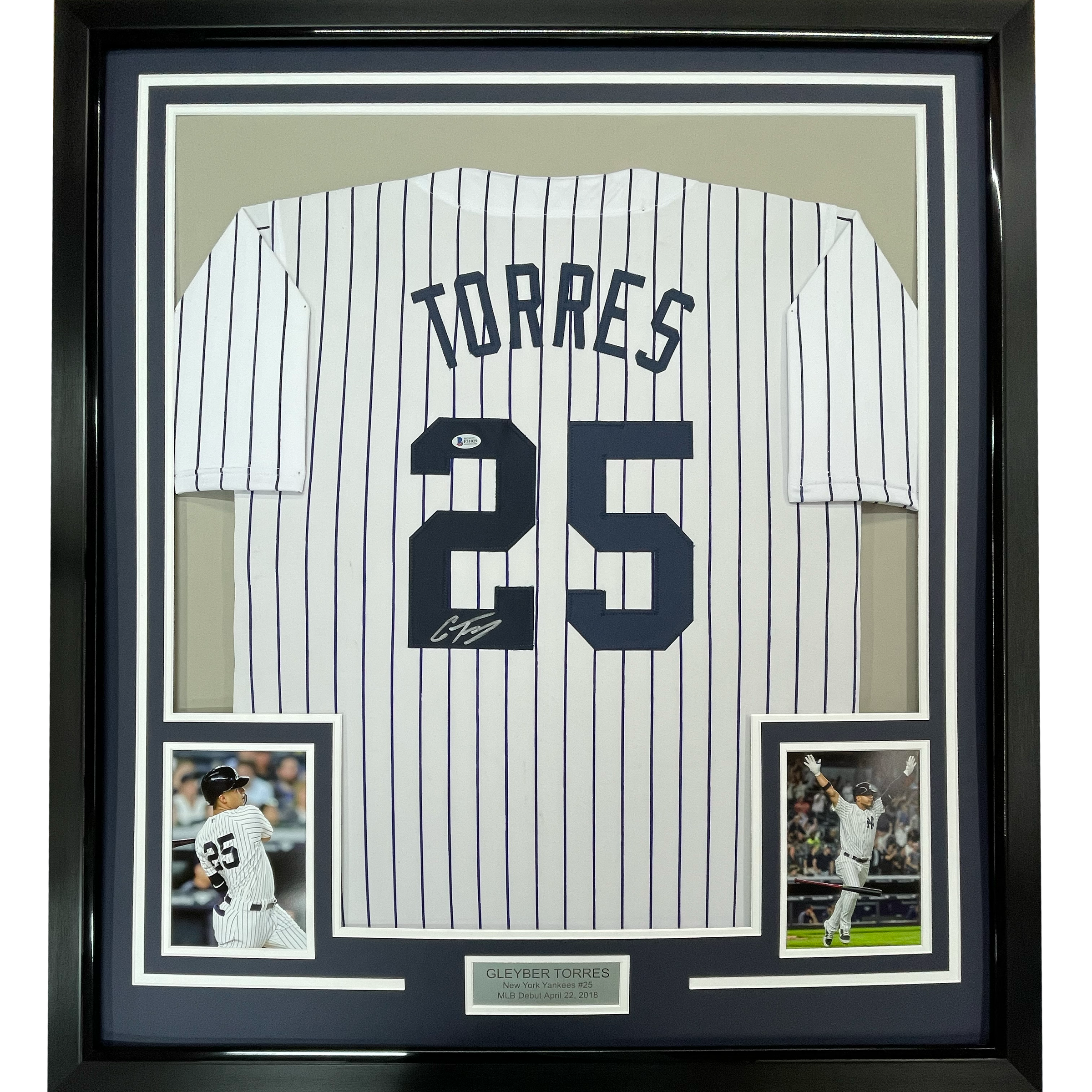 Framed Autographed/Signed Gleyber Torres 35x39 New York Pinstripe Baseball Jersey Beckett BAS COA