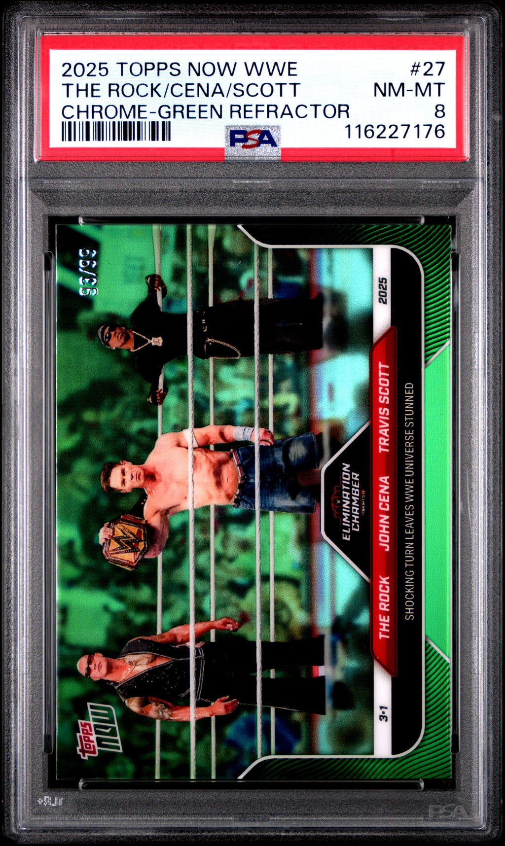 Graded 2025 Topps Now WWE The Rock John Cena Travis Scott #27 Chrome Green Refractor /99 Wrestling Card PSA 8 Near Mint