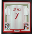 Framed Autographed/Signed Trea Turner 35x39 Philadelphia Pinstripe Baseball Jersey Beckett BAS COA