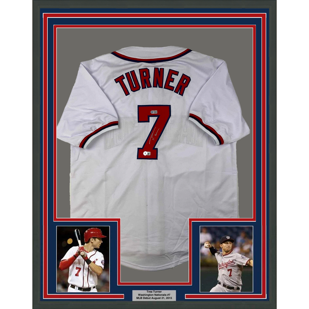 Framed Autographed/Signed Trea Turner 35x39 Washington White Baseball Jersey Beckett BAS COA