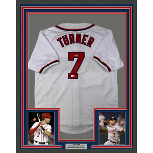 Framed Autographed/Signed Trea Turner 35x39 Washington White Baseball Jersey Beckett BAS COA