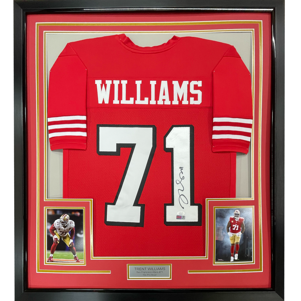 Framed Autographed/Signed Trent Williams 35x39 San Francisco Alternate Red Football Jersey JSA COA