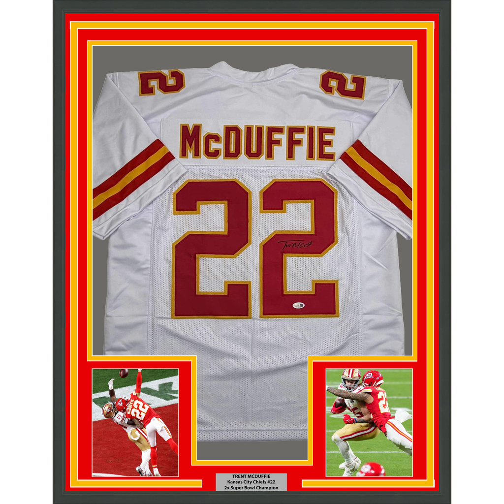 Framed Autographed/Signed Trent McDuffie 35x39 Kansas City White Football Jersey JSA COA
