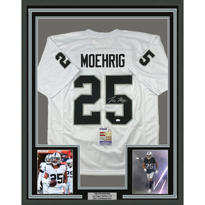 Framed Autographed/Signed Trevon Moehrig 35x39 Las Vegas Oakland White Football Jersey JSA COA