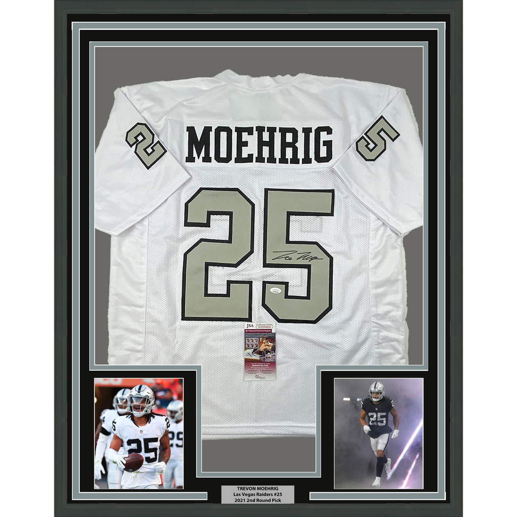 Framed Autographed/Signed Trevon Moehrig 35x39 Las Vegas Oakland White Color Rush Football Jersey JSA COA