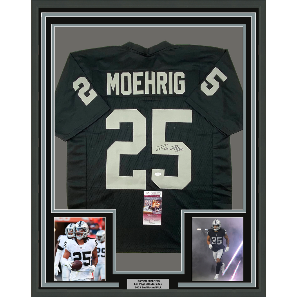 Framed Autographed/Signed Trevon Moehrig 35x39 Las Vegas Oakland Black Football Jersey JSA COA