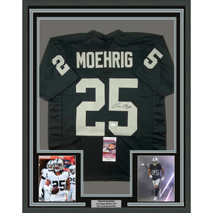 Framed Autographed/Signed Trevon Moehrig 35x39 Las Vegas Oakland Black Football Jersey JSA COA