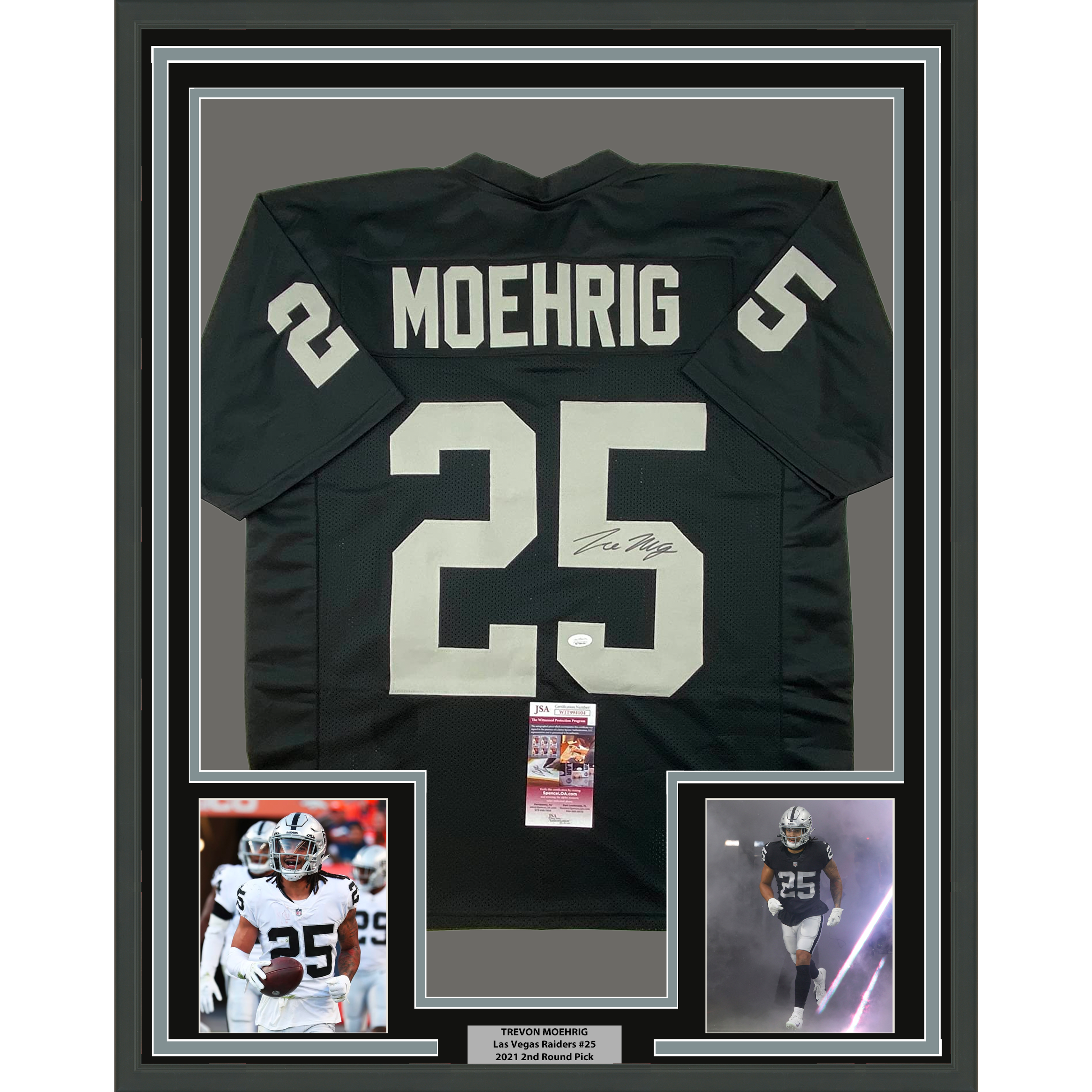 Framed Autographed/Signed Trevon Moehrig 35x39 Las Vegas Oakland Black Football Jersey JSA COA