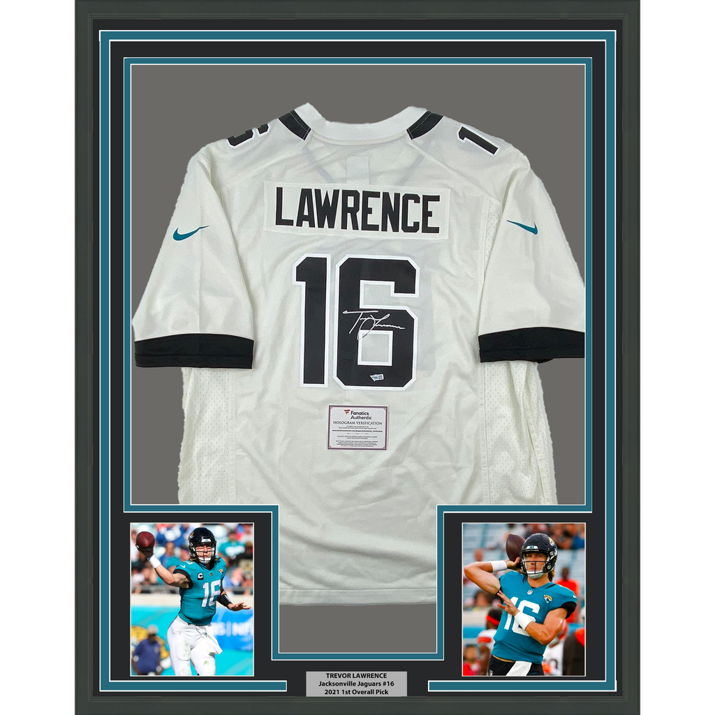 Framed Autographed/Signed Trevor Lawrence 35x39 Jacksonville Jaguars White Nike Game Football Jersey Fanatics COA