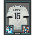 Framed Autographed/Signed Trevor Lawrence 35x39 Jacksonville Jaguars White Nike Game Football Jersey Fanatics COA