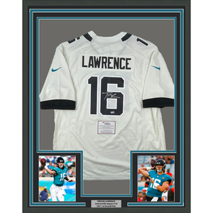 Framed Autographed/Signed Trevor Lawrence 35x39 Jacksonville Jaguars White Nike Game Football Jersey Fanatics COA