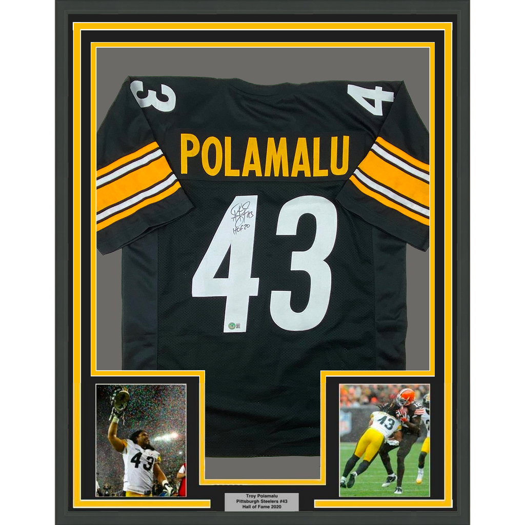 Framed Autographed/Signed Troy Polamalu 35x39 HOF 20 Pittsburgh Black Football Jersey Beckett BAS COA