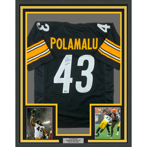 Framed Autographed/Signed Troy Polamalu 35x39 HOF 20 Pittsburgh Black Football Jersey Beckett BAS COA
