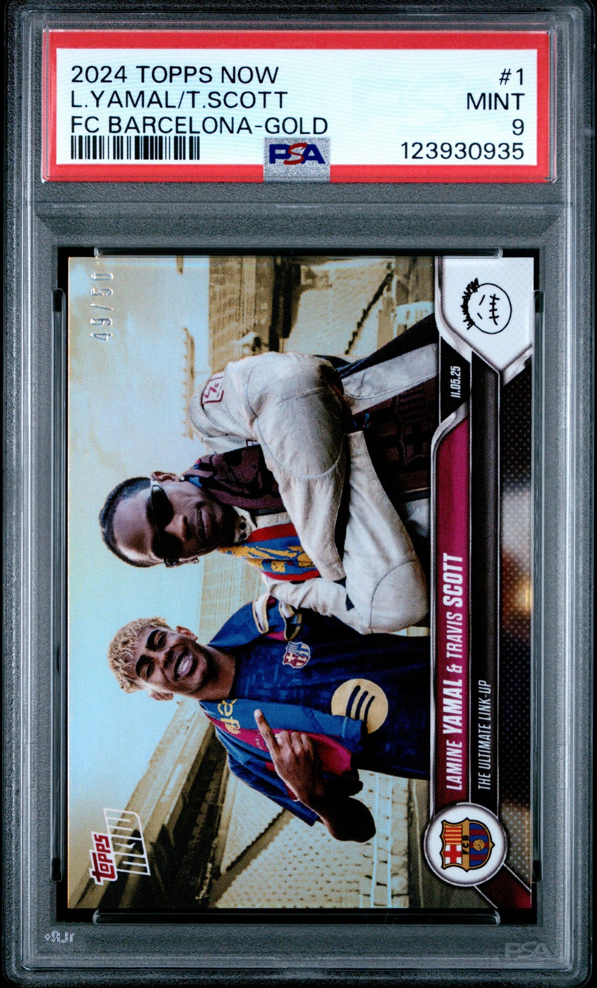 Graded 2024 Topps Now Lamine Yamal/Travis Scott #1 FC Barcelona Gold /50 Soccer Card PSA 9 Mint