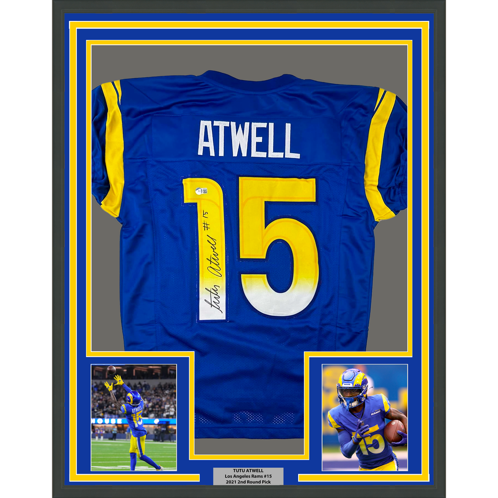 Framed Autographed/Signed Tutu Atwell 35x39 Los Angeles LA Blue Football Jersey Beckett BAS COA