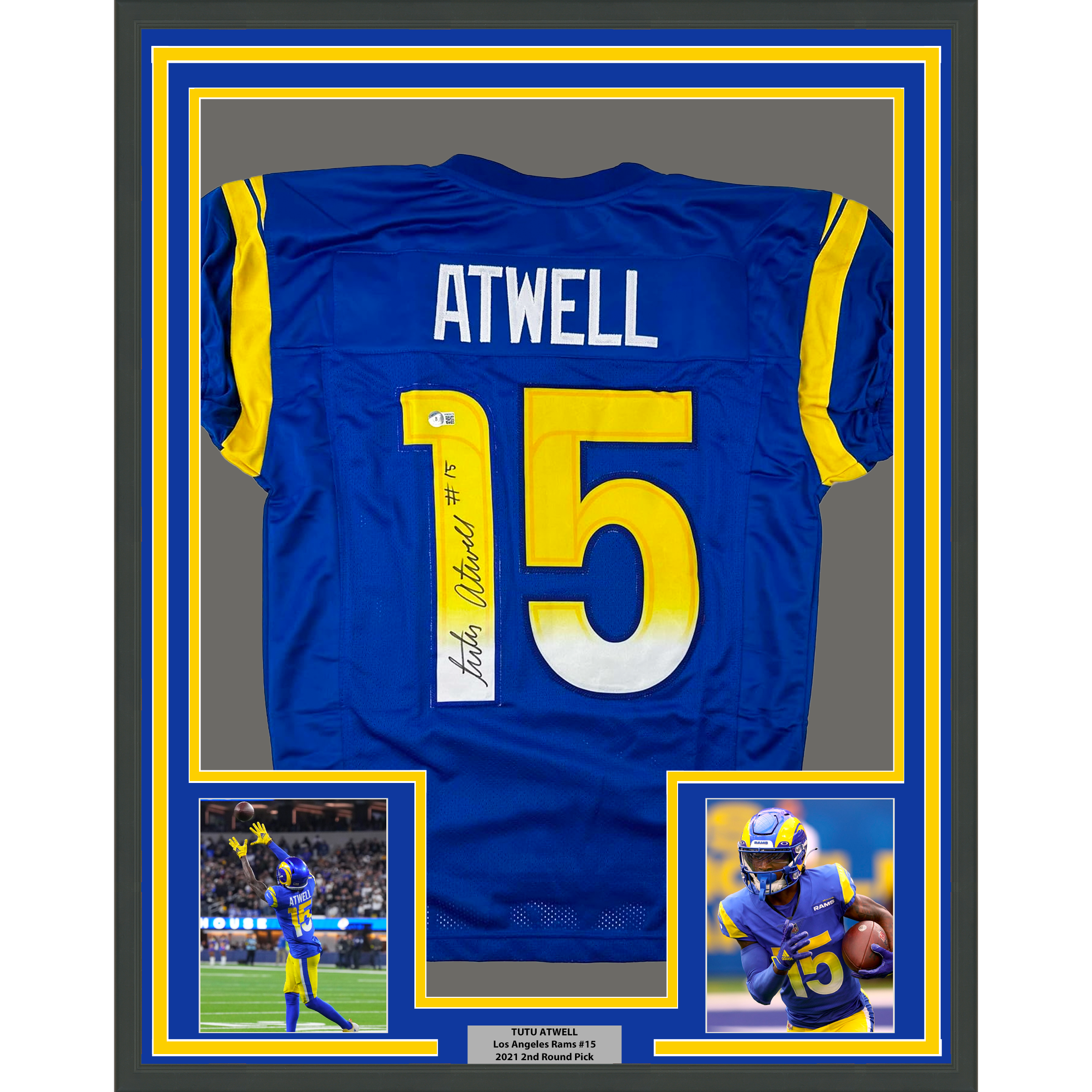Framed Autographed/Signed Tutu Atwell 35x39 Los Angeles LA Blue Football Jersey Beckett BAS COA