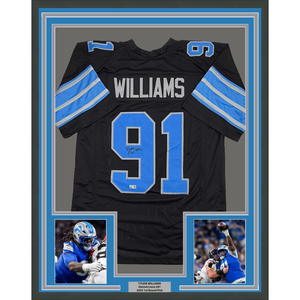 Framed Autographed/Signed Tyleik Williams 35x39 Detroit Black Football Jersey Beckett BAS COA
