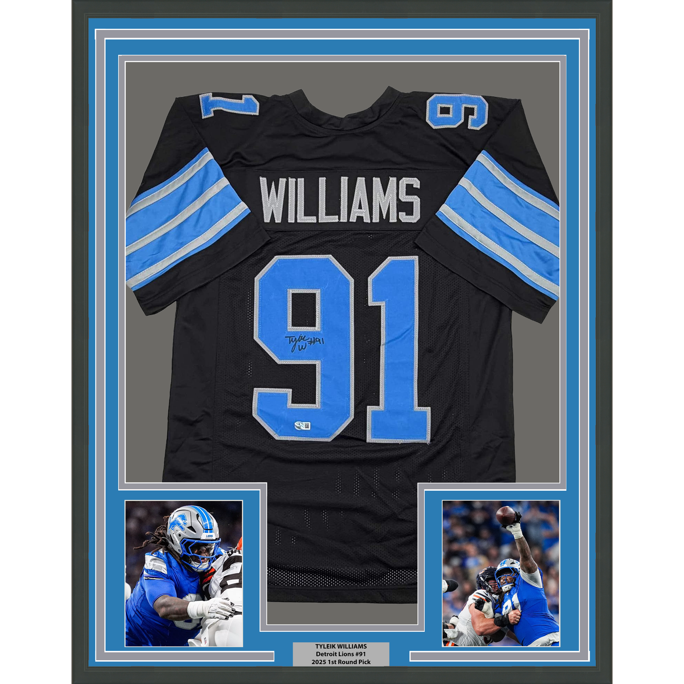 Framed Autographed/Signed Tyleik Williams 35x39 Detroit Black Football Jersey Beckett BAS COA
