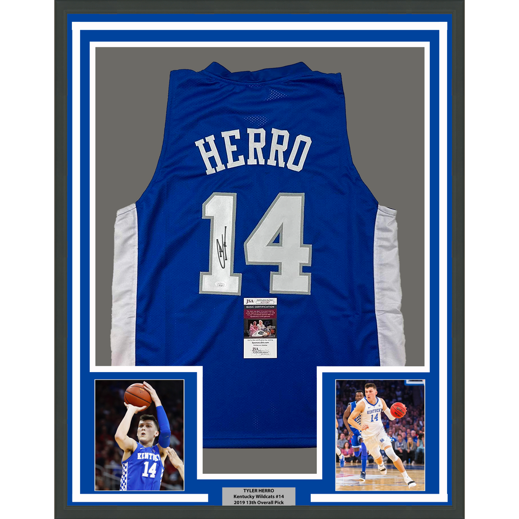 Framed Autographed/Signed Tyler Herro 35x39 Kentucky Blue College Basketball Jersey JSA COA