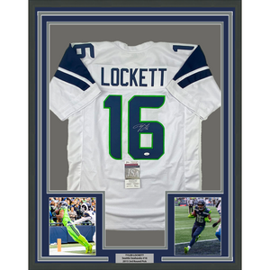 Framed Autographed/Signed Tyler Lockett 35x39 Seattle White Football Jersey JSA COA