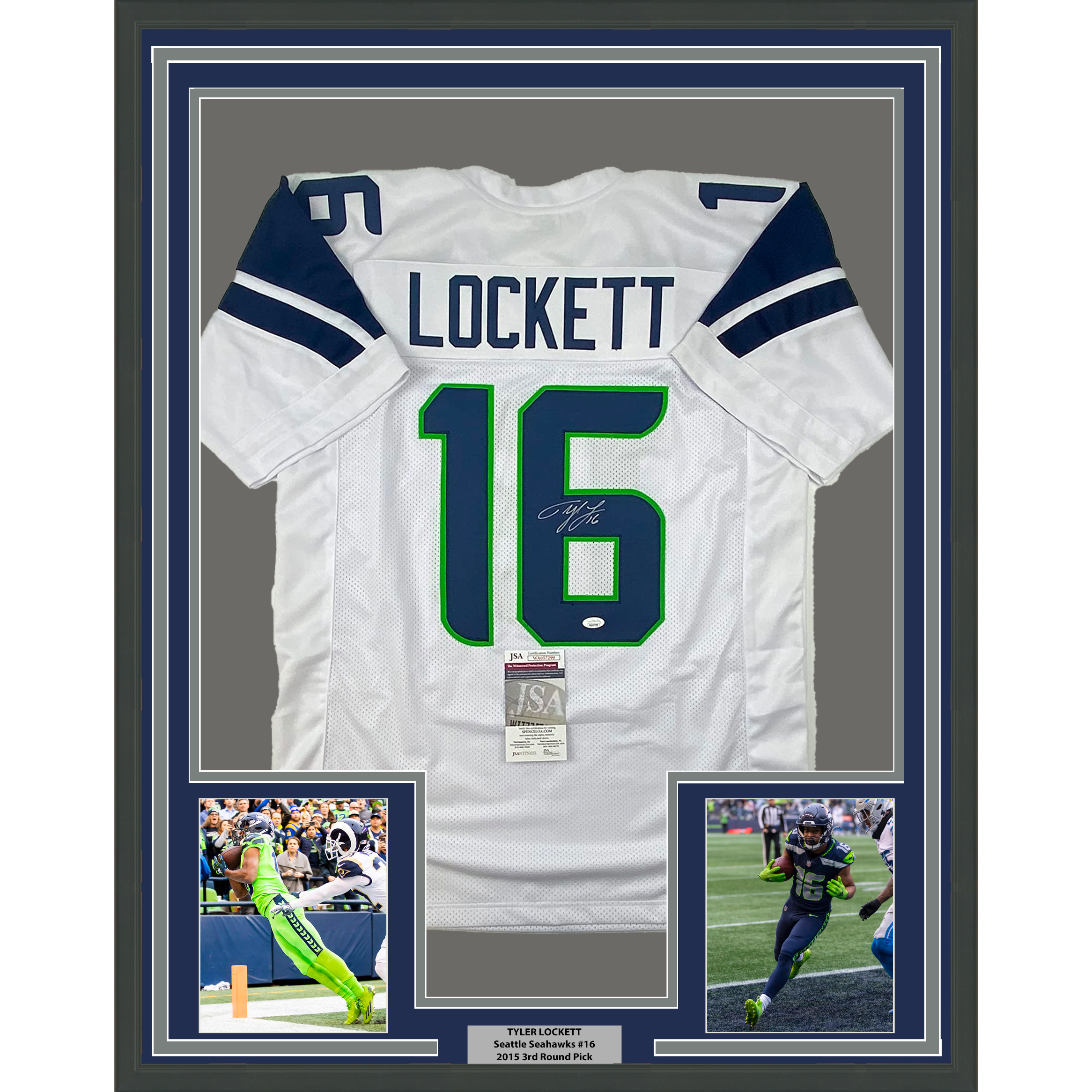 Framed Autographed/Signed Tyler Lockett 35x39 Seattle White Football Jersey JSA COA