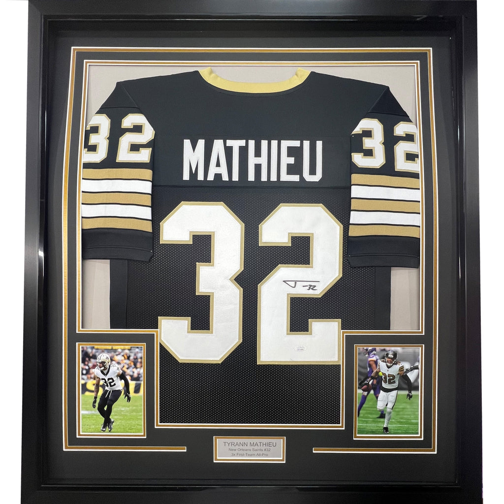 Framed Autographed/Signed Tyrann Mathieu 35x39 New Orleans Black Football Jersey JSA COA