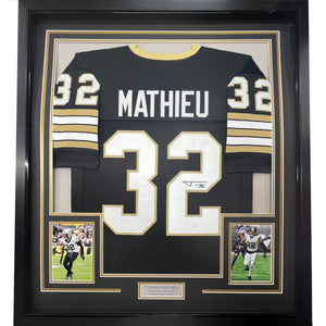 Framed Autographed/Signed Tyrann Mathieu 35x39 New Orleans Black Football Jersey JSA COA