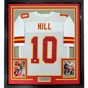 Framed Autographed/Signed Tyreek Hill 35x39 Kansas City White Football Jersey JSA COA