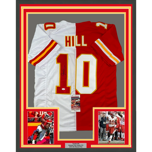 Framed Autographed/Signed Tyreek Hill 35x39 Kansas City Split Red/White Football Jersey JSA COA