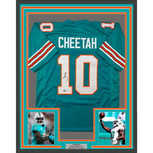 Framed Autographed/Signed Tyreek Hill 35x39 Cheetah Miami Retro Teal Football Jersey Beckett BAS COA