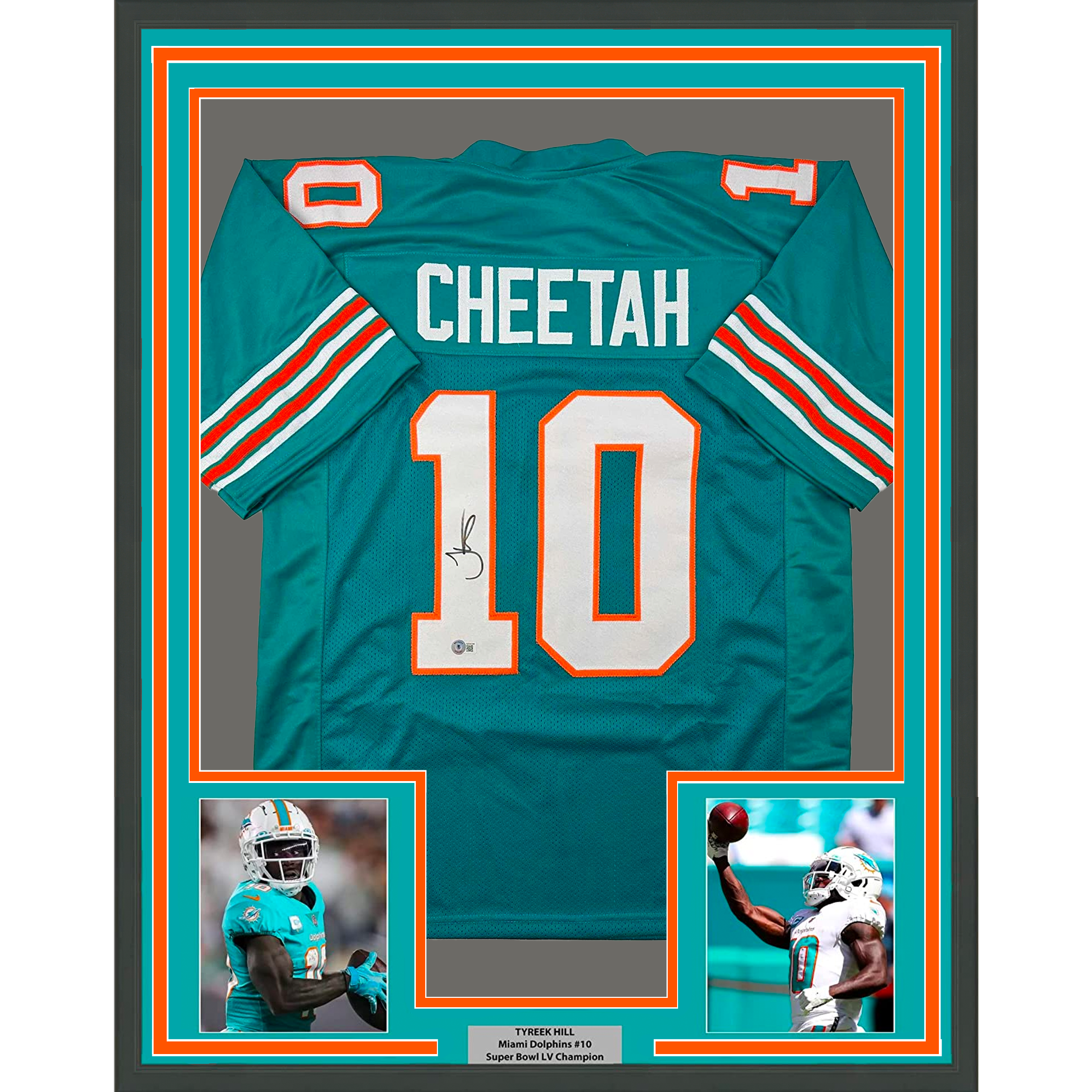 Framed Autographed/Signed Tyreek Hill 35x39 Cheetah Miami Retro Teal Football Jersey Beckett BAS COA