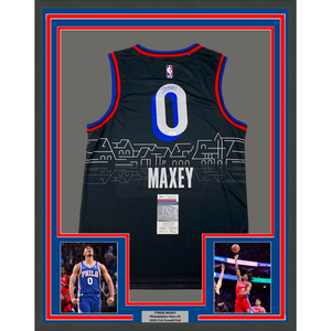 Framed Autographed/Signed Tyrese Maxey 35x39 Philadelphia 76ers Sixers Black City Edition Basketball Jersey JSA COA
