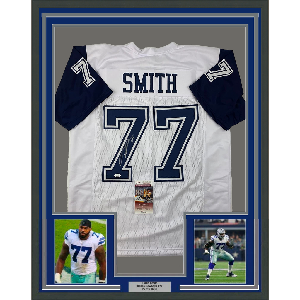 Framed Autographed/Signed Tyron Smith 35x39 Dallas Color Rush White Football Jersey JSA COA