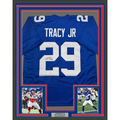 Framed Autographed/Signed Tyrone Tracy Jr. 35x39 New York Blue Football Jersey Beckett BAS COA
