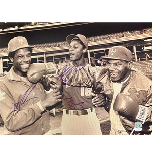 Autographed/Signed Mike Tyson Darryl Strawberry Dwight Doc Gooden New York Mets 16x20 Boxing Baseball Photo JSA COA