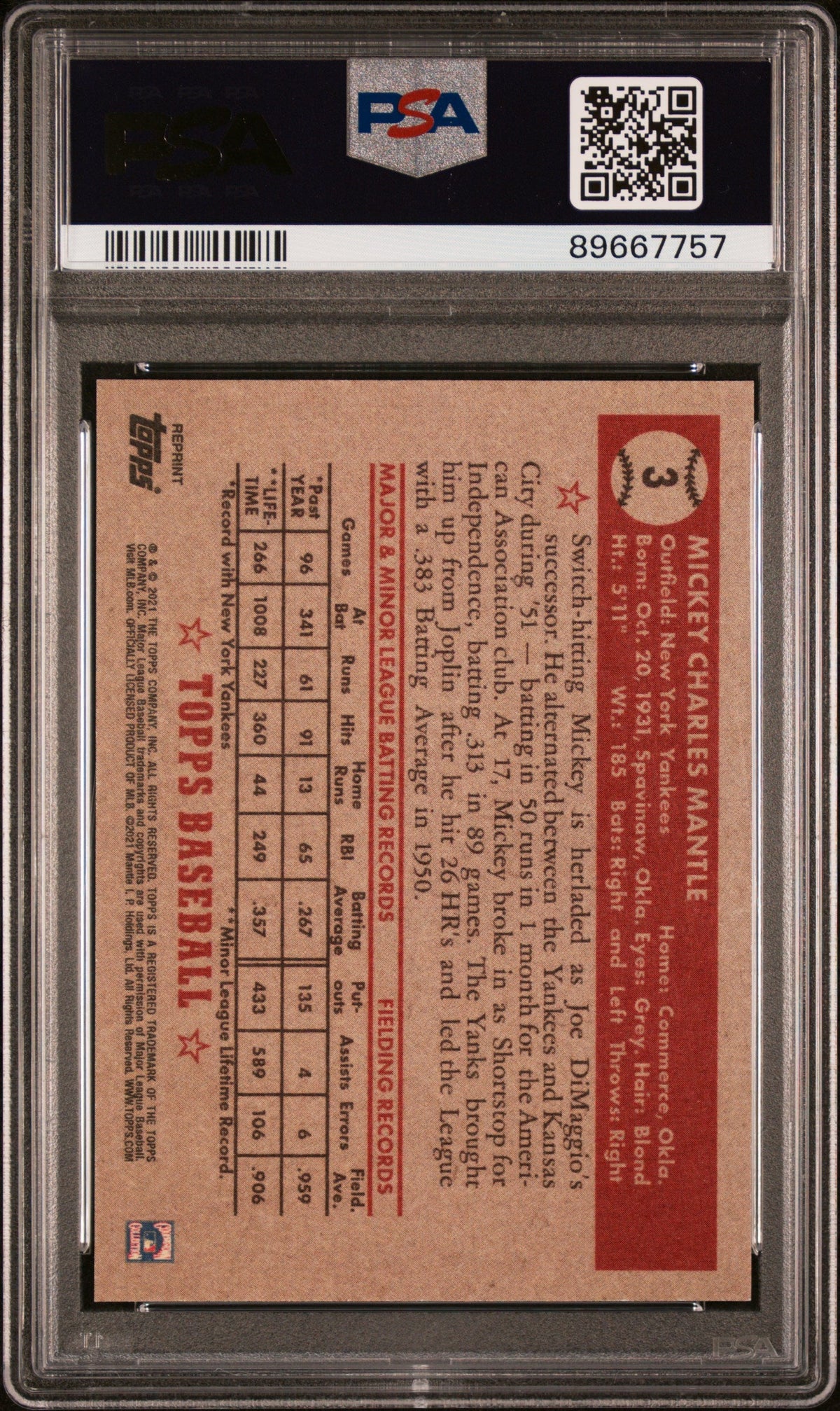 Graded 2021 Topps X Mantle Mickey Mantle #3 Rookie Reprint Baseball Card PSA 9 Mint