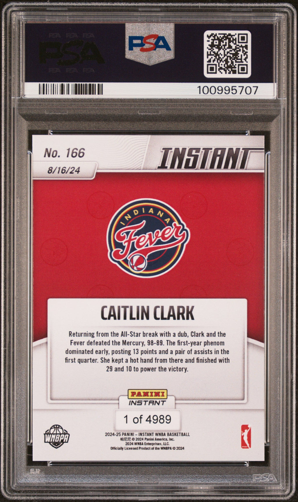 Graded 2024 Panini Instant WNBA Caitlin Clark #166 Rookie RC Basketball Card PSA 9 Mint