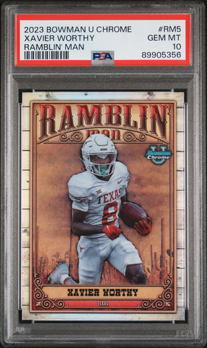 Graded 2023 Topps Bowman University Xavier Worthy #RM5 Ramblin Man Rookie RC Football Card PSA 10 Gem Mint