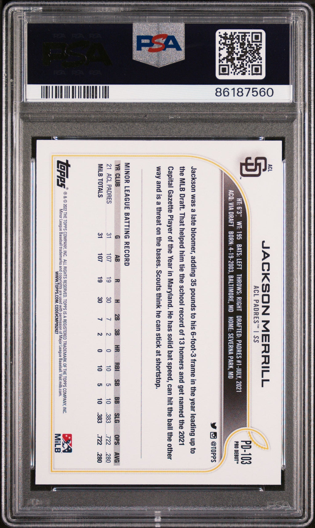 Graded 2022 Topps Pro Debut Jackson Merrill #PD103 Rookie RC Baseball Card PSA 10 Gem Mint