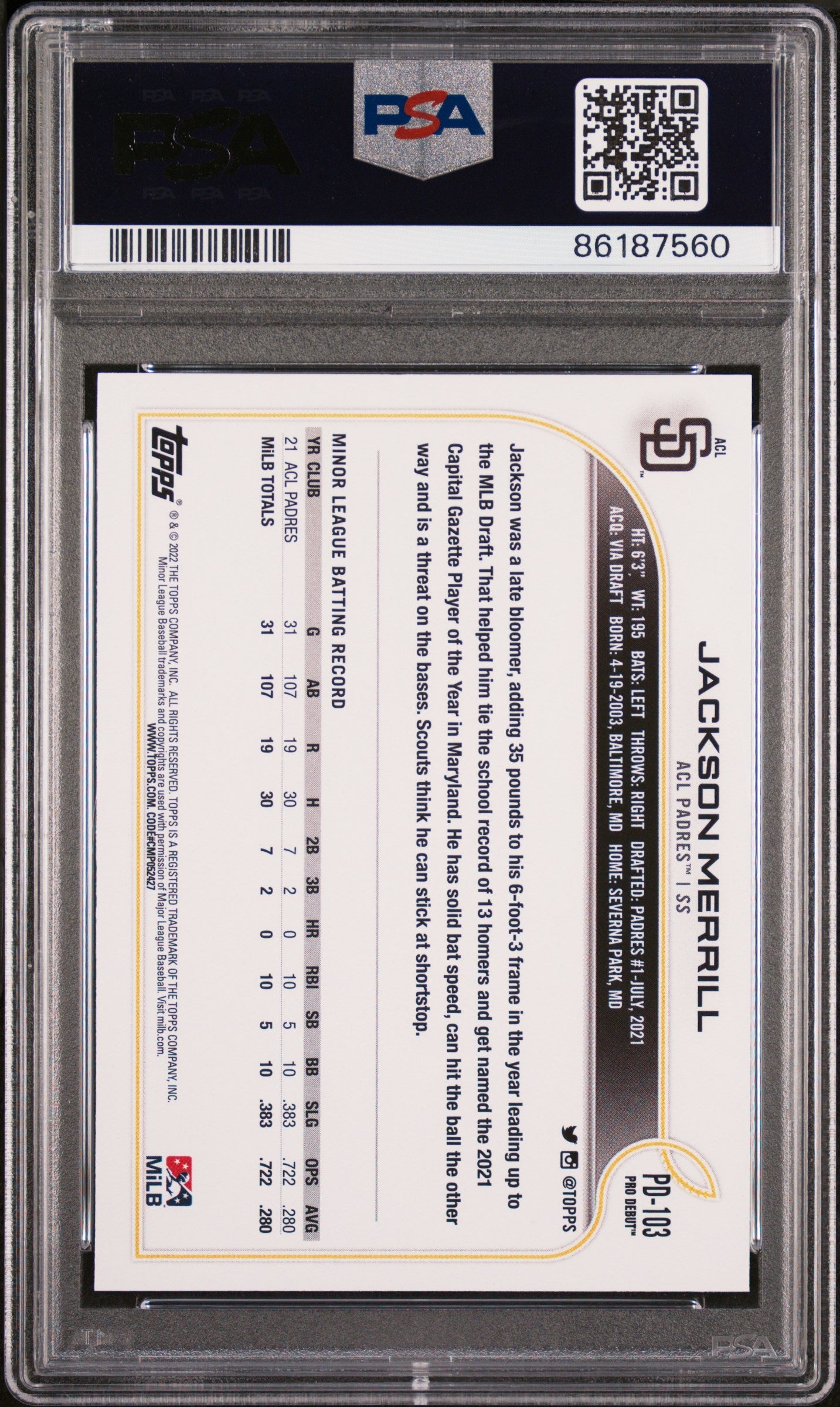 Graded 2022 Topps Pro Debut Jackson Merrill #PD103 Rookie RC Baseball Card PSA 10 Gem Mint
