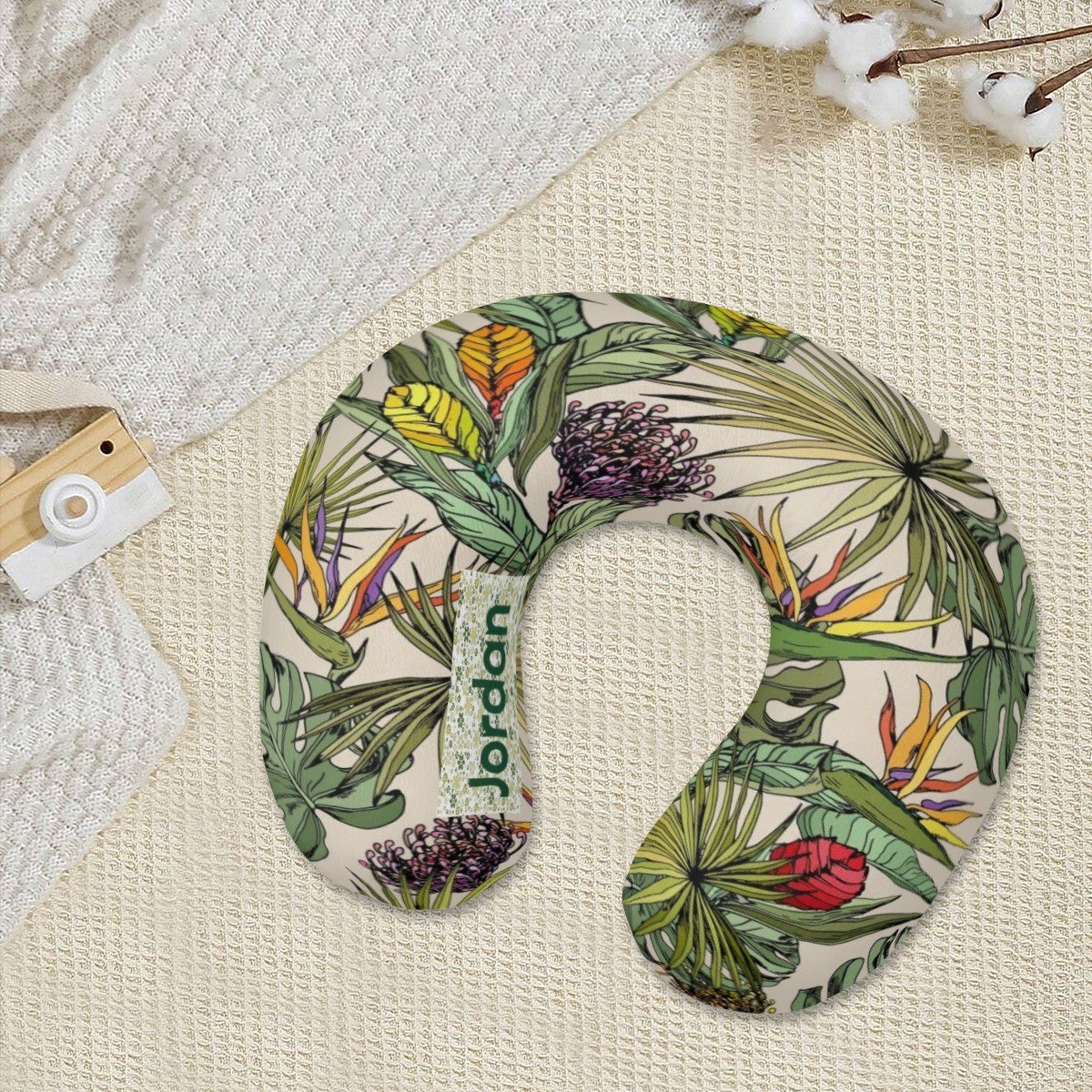 Personalized Tropical Botanical Travel Neck Pillow | Custom Name Gift