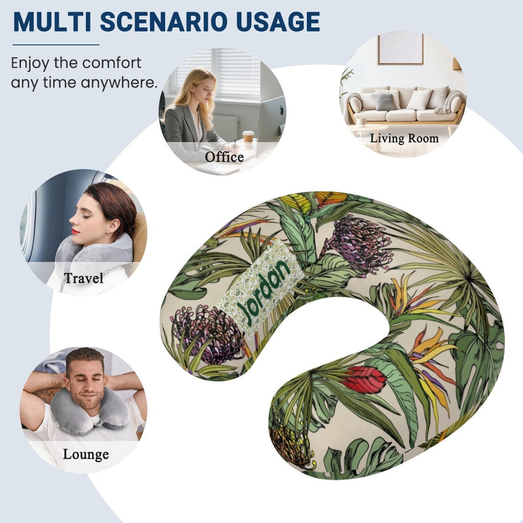 Personalized Tropical Botanical Travel Neck Pillow | Custom Name Gift