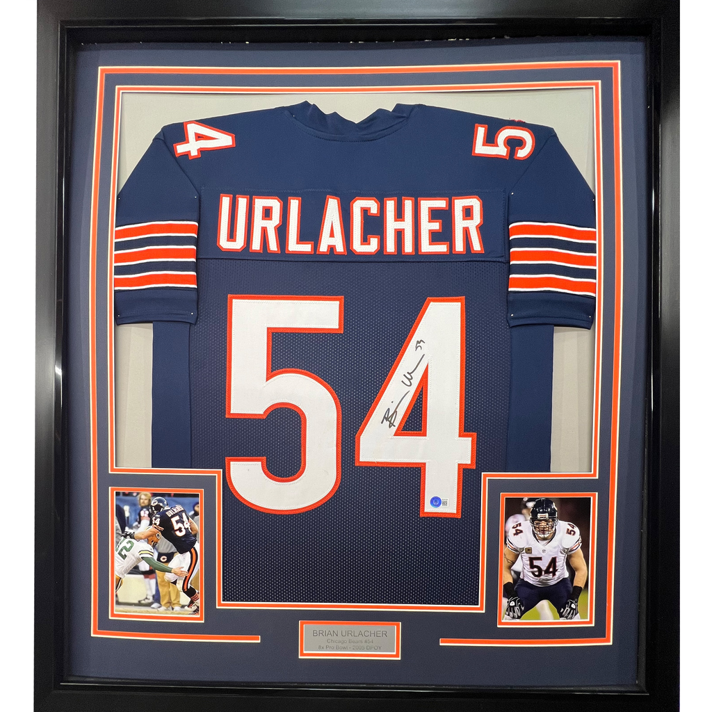 Framed Autographed/Signed Brian Urlacher 35x39 Chicago Bears Blue Football Jersey Beckett BAS COA