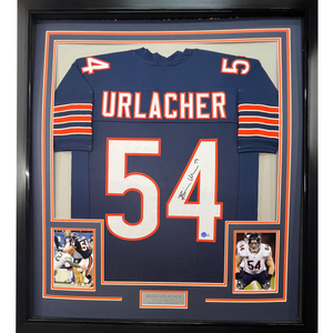 Framed Autographed/Signed Brian Urlacher 35x39 Chicago Bears Blue Football Jersey Beckett BAS COA